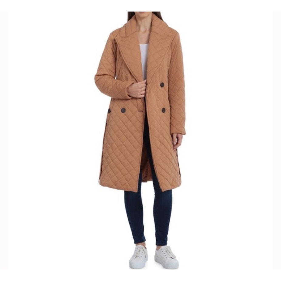 Nwt Avec Les Fills Double Breasted Quilted Trench Coat Collared In Camel Sz M